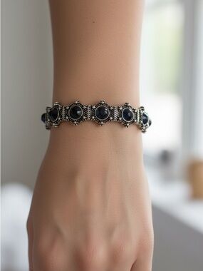 Vintage-Inspired Black Stone Silver Bracelet